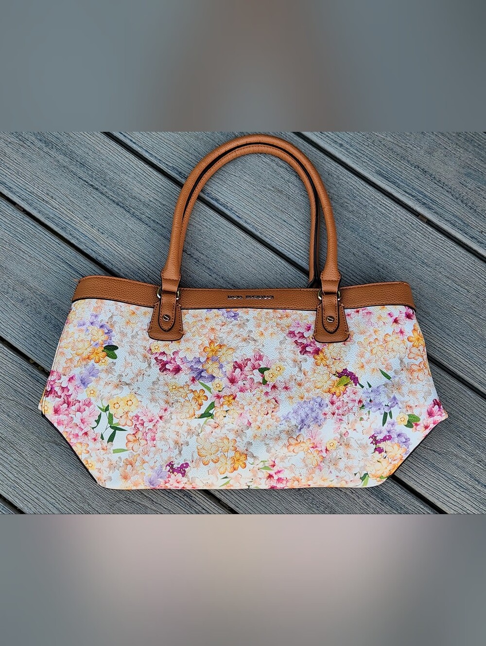 Dana Buchman Multicolor Floral Tote with Brown Trim